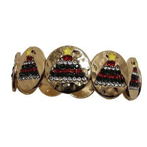 Rhinestone Christmas Tree Bracelet Gold Tone Stretch New